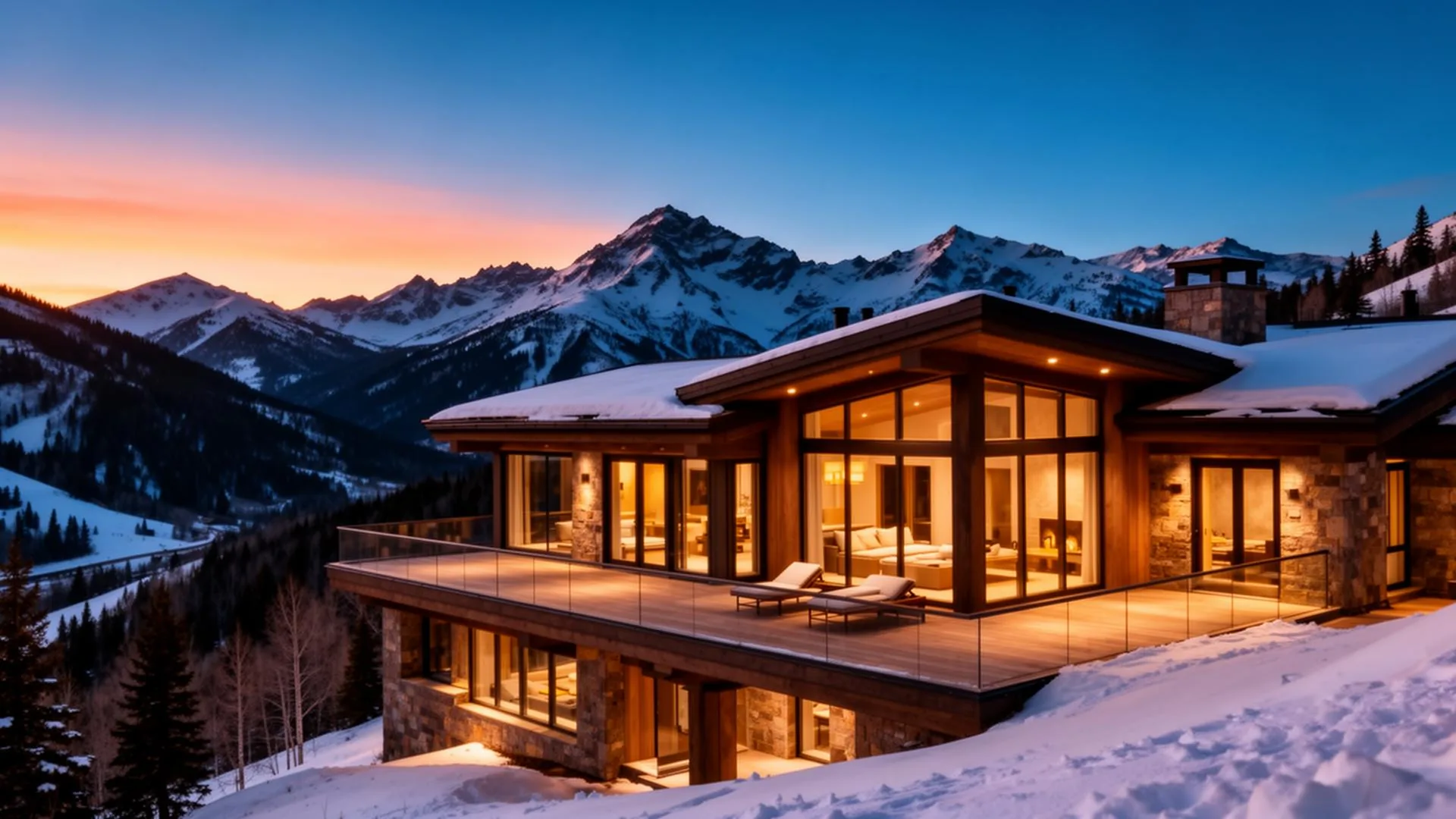 Timber-and-stone Colorado mountain home at golden hour with snowy peaks behind it