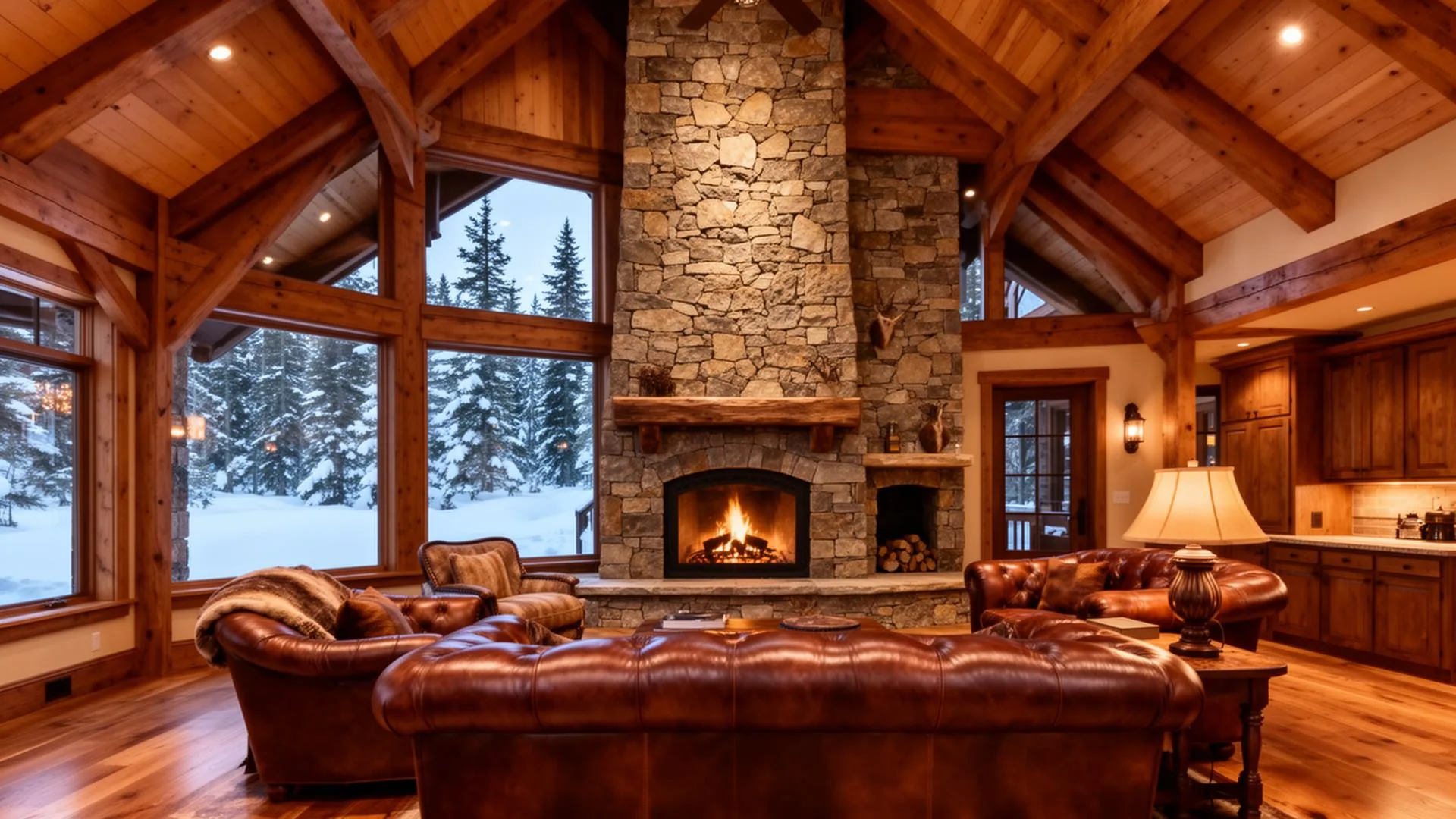 Living room of a Colorado mountain home with a stone fireplace lit at night
