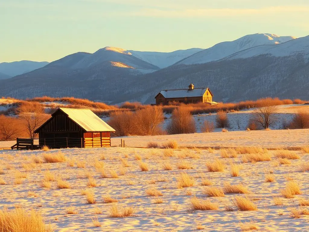 Ranch land and snowy peaks above Steamboat Springs, Colorado in winter
