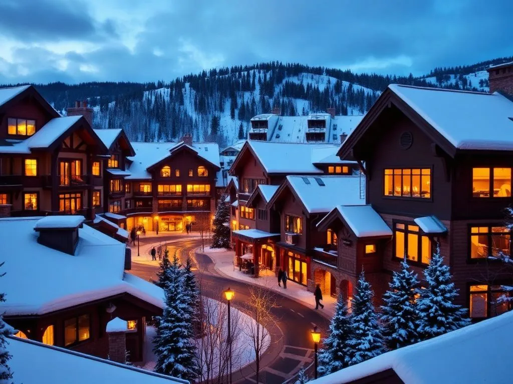 Snow-covered chalets and evergreens above Vail Village, Colorado on a winter afternoon